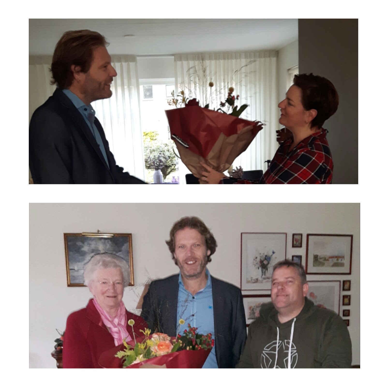 Mevrouw Van Panhuis uit Hierden (foto boven) en mevrouw Versluis- Foppen uit Harderwijk (foto onder) ontvangen een bloemetje op de dag van de mantelzorger van fractievoorzitter Marcel Companjen van de ChristenUnie.